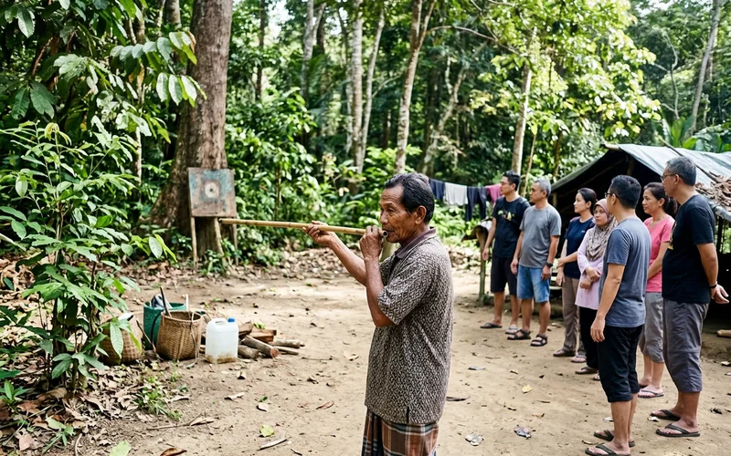 A blowpipe demonstration in a forest clearing with visitors watching from a respectful distance
