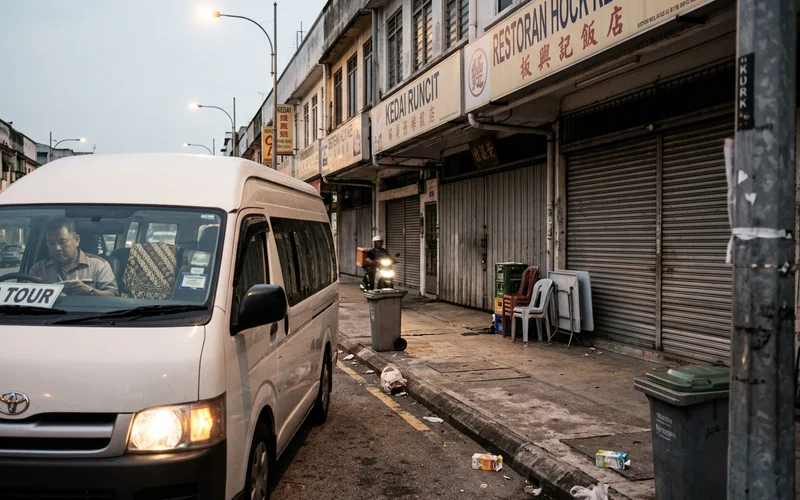 An empty Kuala Lumpur street at dawn with the van waiting