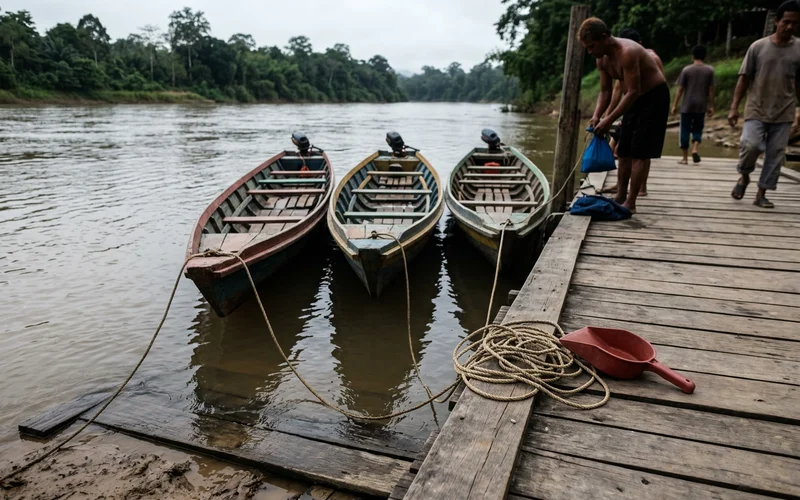 Longboats tied up at the jetty on a grey monsoon morning with high water against the bank