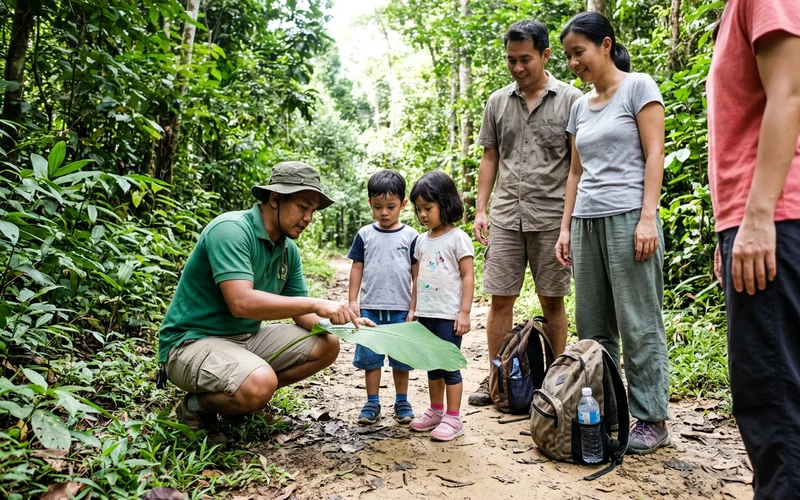 A guide crouching to show two young children something on a jungle trail while their parents watch