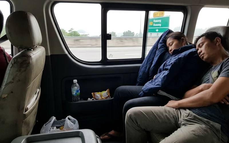 The inside of the van on the pre-dawn drive north out of Kuala Lumpur
