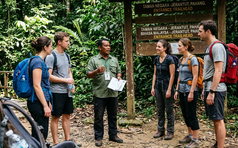 A licensed nature guide briefing a small group at a rainforest trailhead