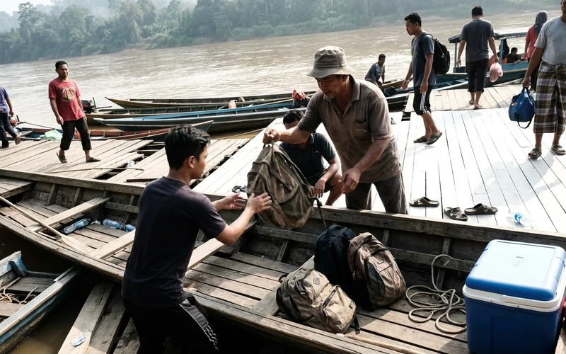 Longboats moored at the Kuala Tembeling jetty with luggage being loaded