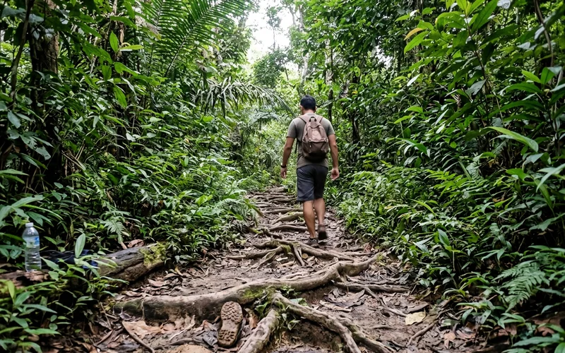 A narrow jungle trail in late afternoon light with one walker ahead