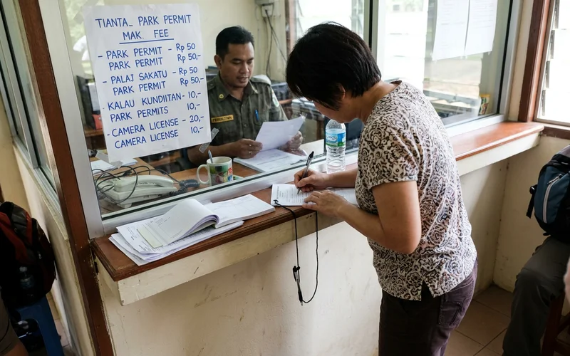 The PERHILITAN permit counter with a visitor filling in a form