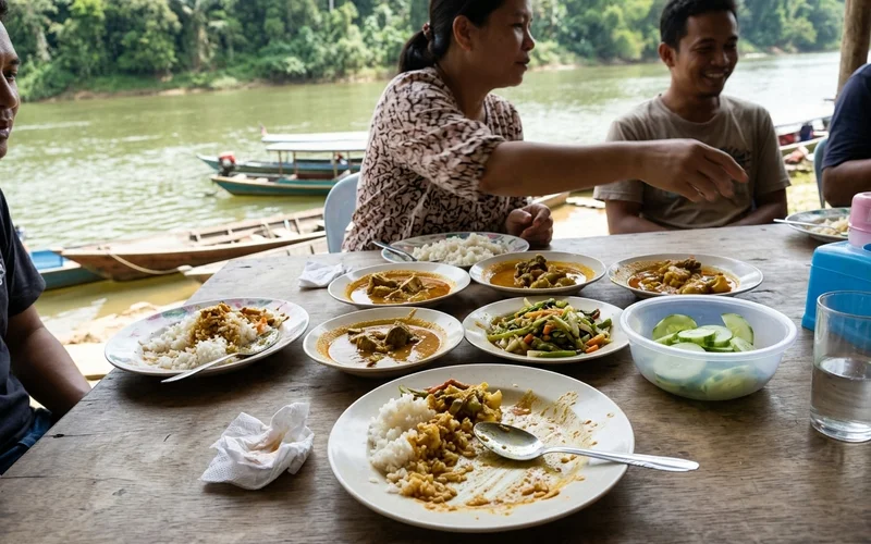 A riverside lunch table beside the Tembeling with boats moored behind