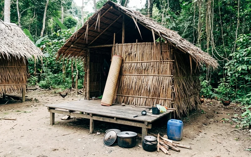 Palm-thatch shelters at a forest settlement with everyday belongings visible