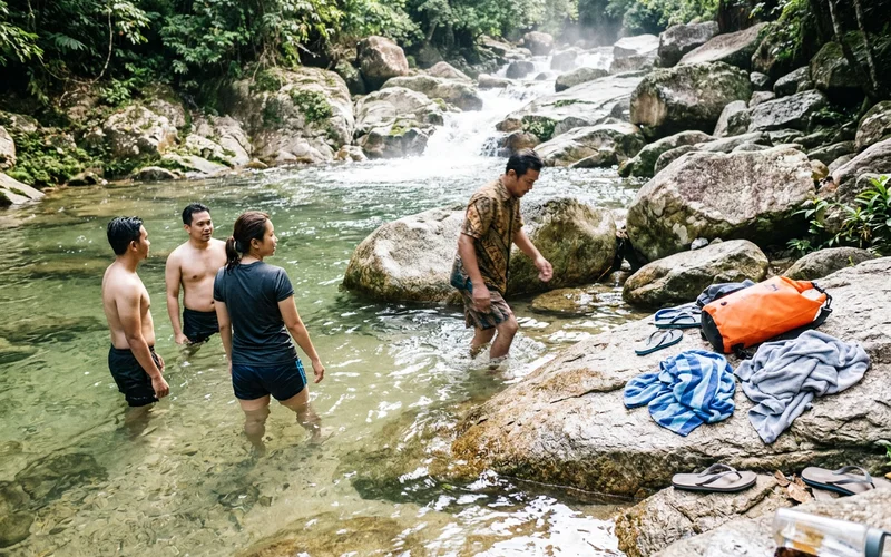 Swimmers in the shallow section of the Lata Berkoh pool with bags left on a flat rock