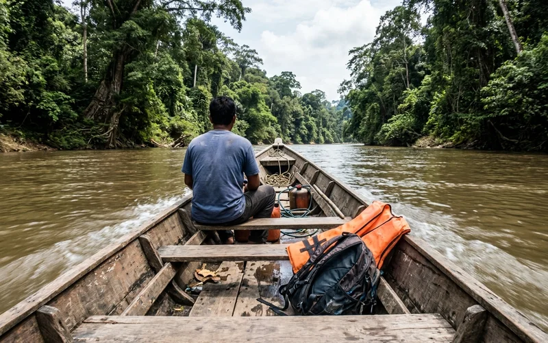The view forward from a longboat on the Tembeling with forest on both banks