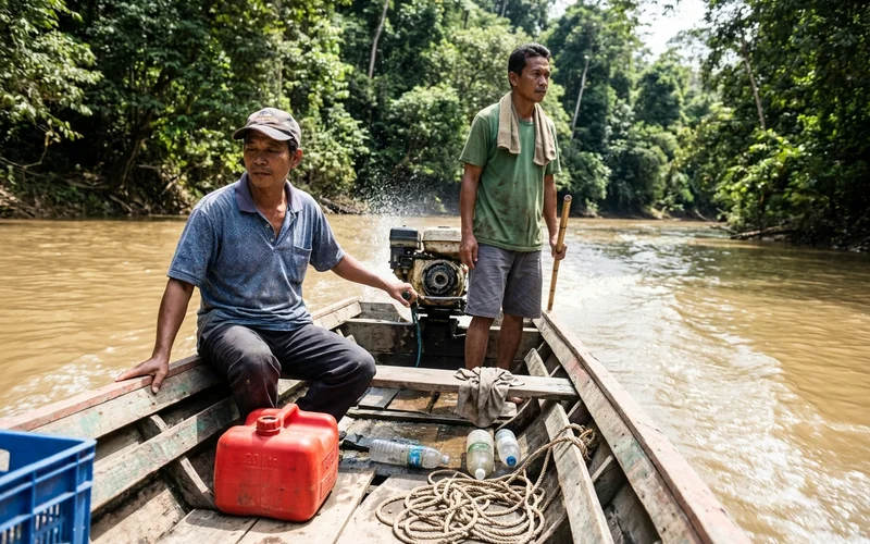 A wooden boat with two boatmen heading upriver on Sungai Tahan