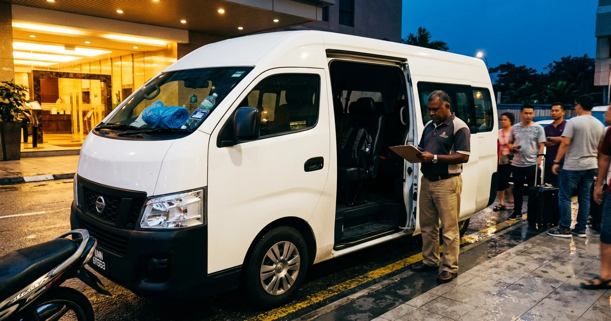 The van waiting outside a Kuala Lumpur hotel before dawn with the driver-guide by the door