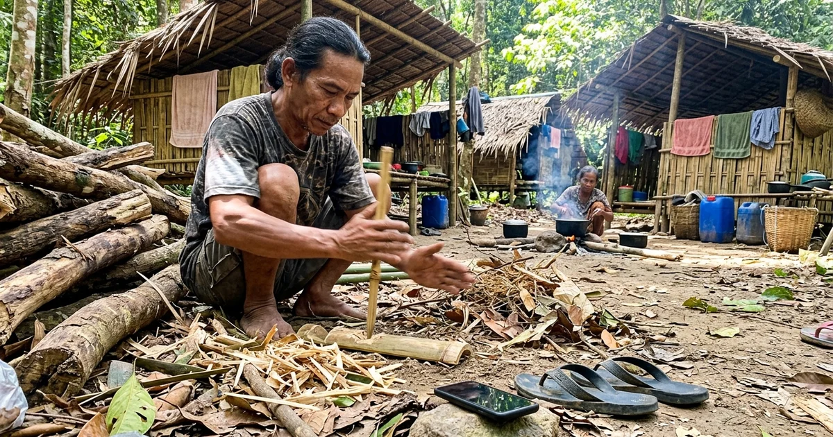 A Batek host demonstrating traditional fire-making with a bamboo drill at a forest clearing