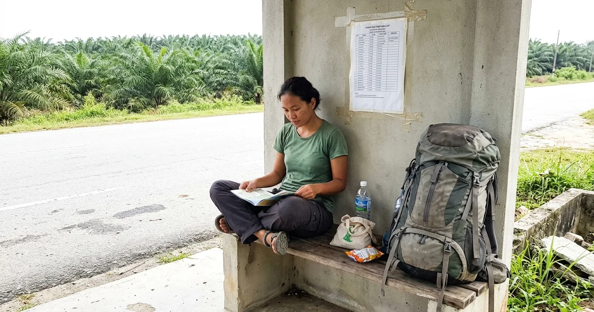 A rural bus stop on the road to Jerantut with a traveller waiting beside the shelter