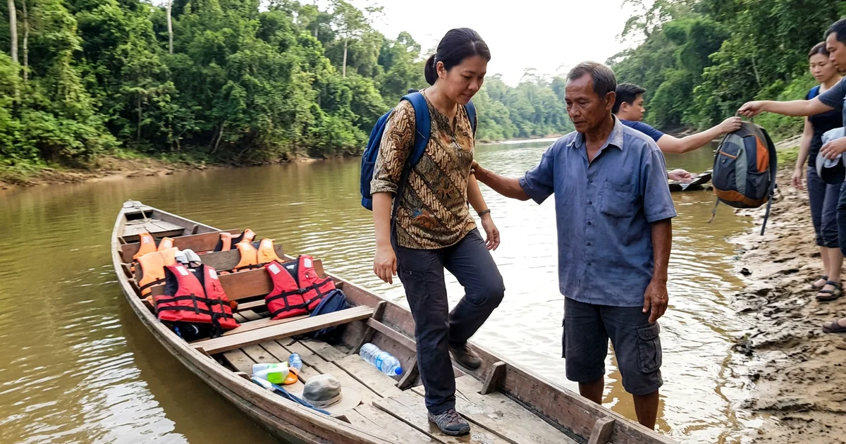A small tour group boarding a wooden longboat on the Tembeling river early in the morning