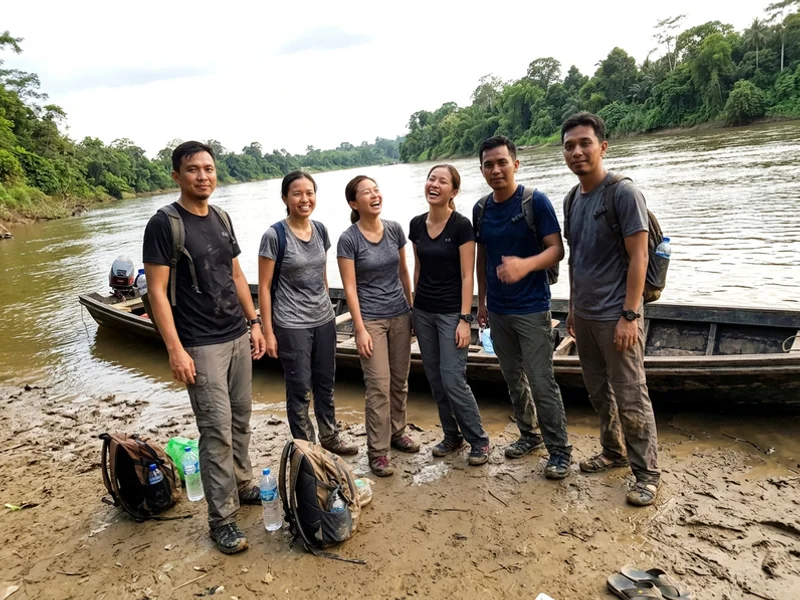 A group and their guide beside a longboat at the riverbank at the end of a day trip