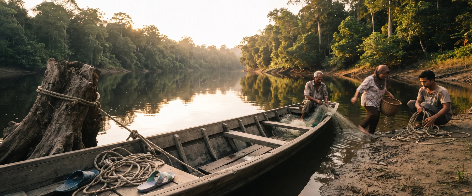 The Tembeling river at golden hour at the end of a day trip