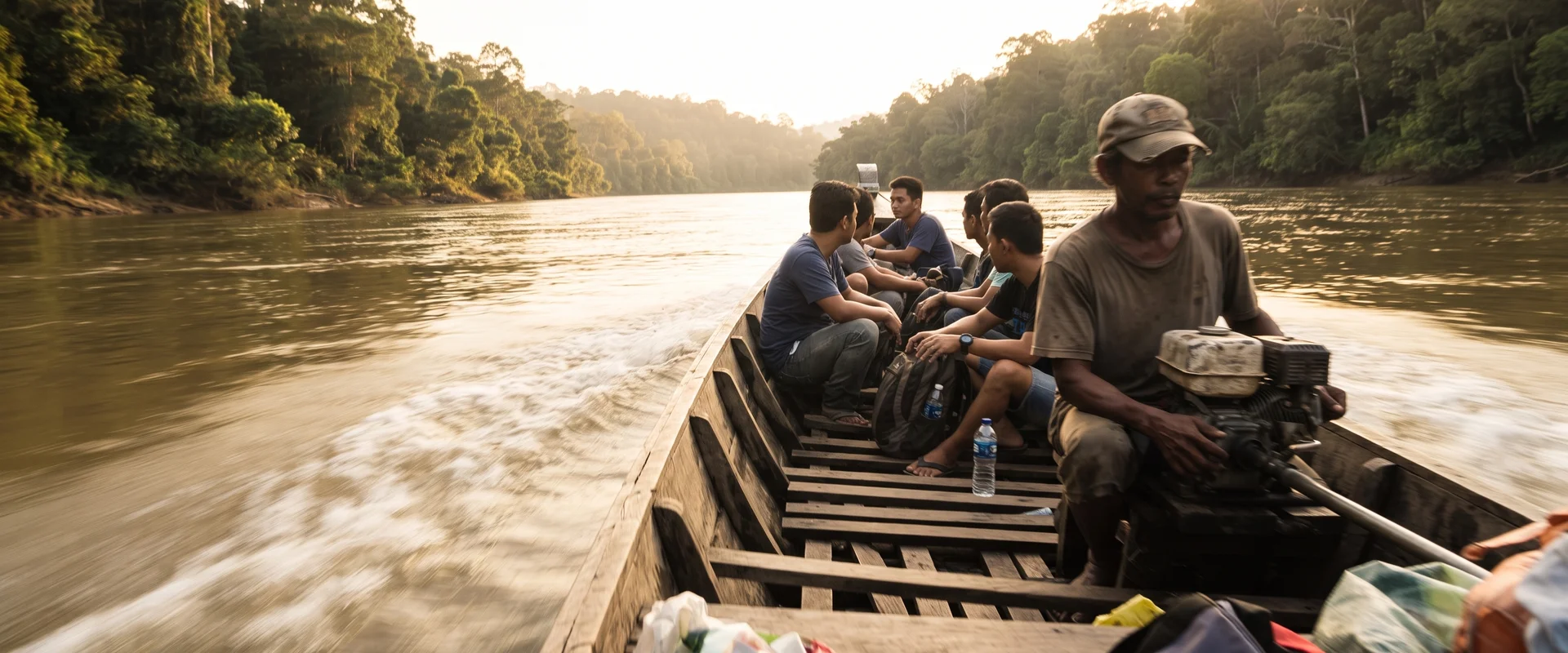 A wooden longboat heading upriver on the Tembeling at the end of a day trip