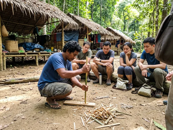 A Batek host demonstrating traditional fire-making at a forest clearing