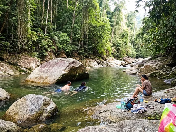 The clear river pool at Lata Berkoh with granite boulders and rainforest on both banks