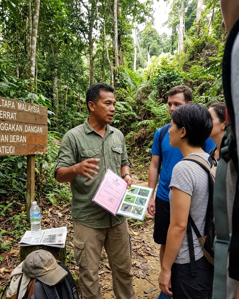 A licensed nature guide briefing travellers at a rainforest trailhead