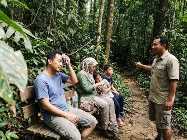 A small family group resting on a jungle trail with their guide