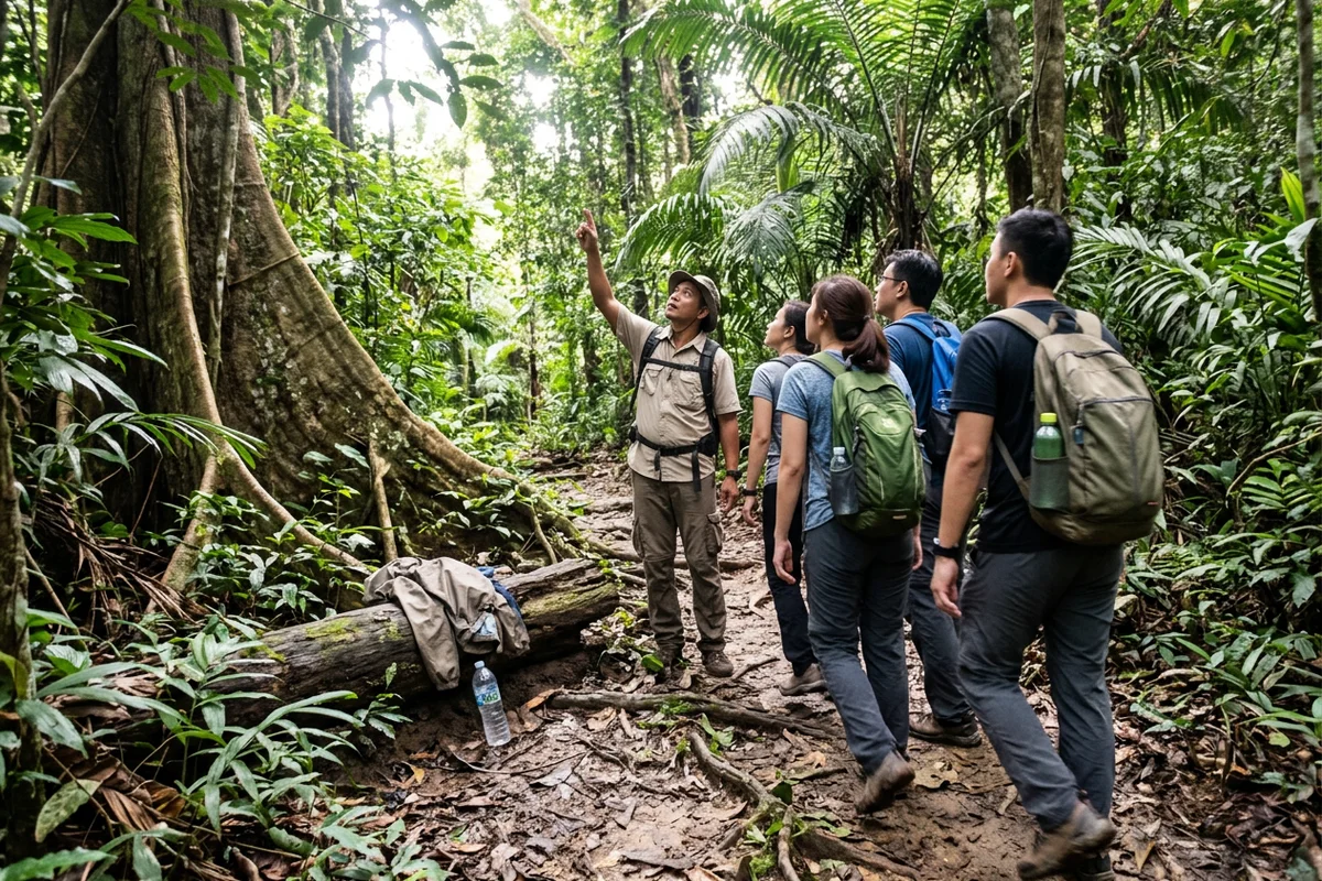 A small group walking a Taman Negara jungle trail with their licensed nature guide
