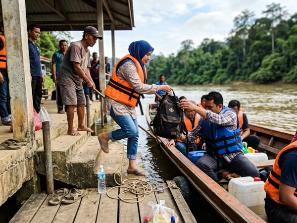 Travellers boarding a wooden longboat at the jetty in the early morning