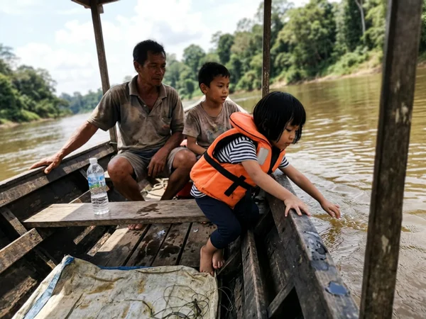 Two children in life jackets in a wooden longboat on a calm stretch of the Tembeling